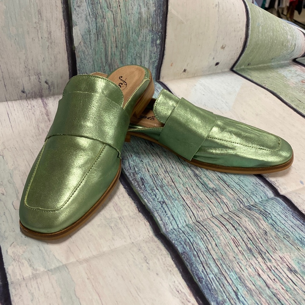 FREE People Leather SLIDES Sparkly Green